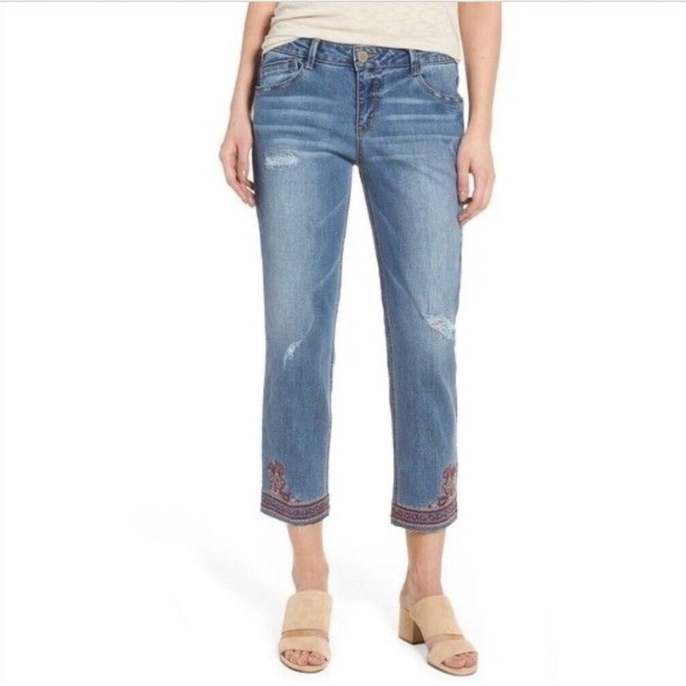 Democracy 6 Slim Straight Flood Jeans Frayed Hem Paisley Embroidered Mid Rise